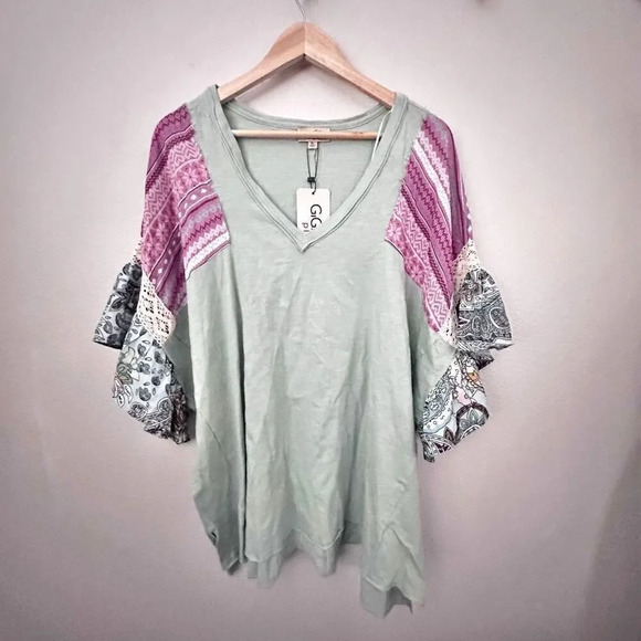 GOGIO + PLUS | NWT Boutique Blouse Crochet Boho Detail Ruffle Dolman | Size XL - Picture 3 of 10